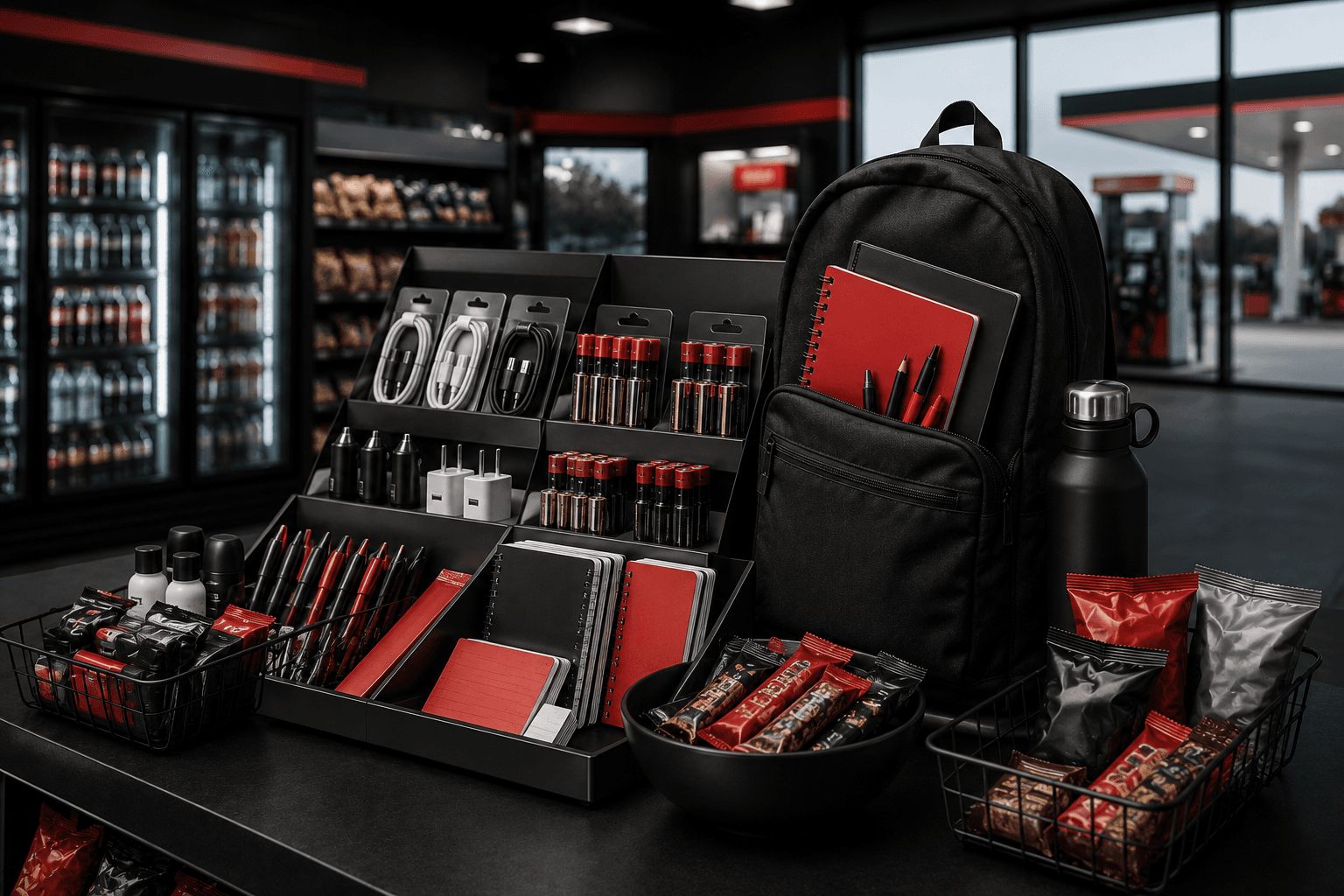 Convenience store display of back-to-school essentials including chargers, batteries, notebooks, pens, snacks, and beverages