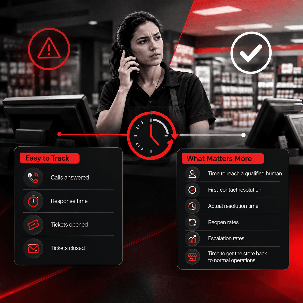Convenience-store employee contacting customer support, with a visual comparison between response metrics and measures of actual issue resolution.