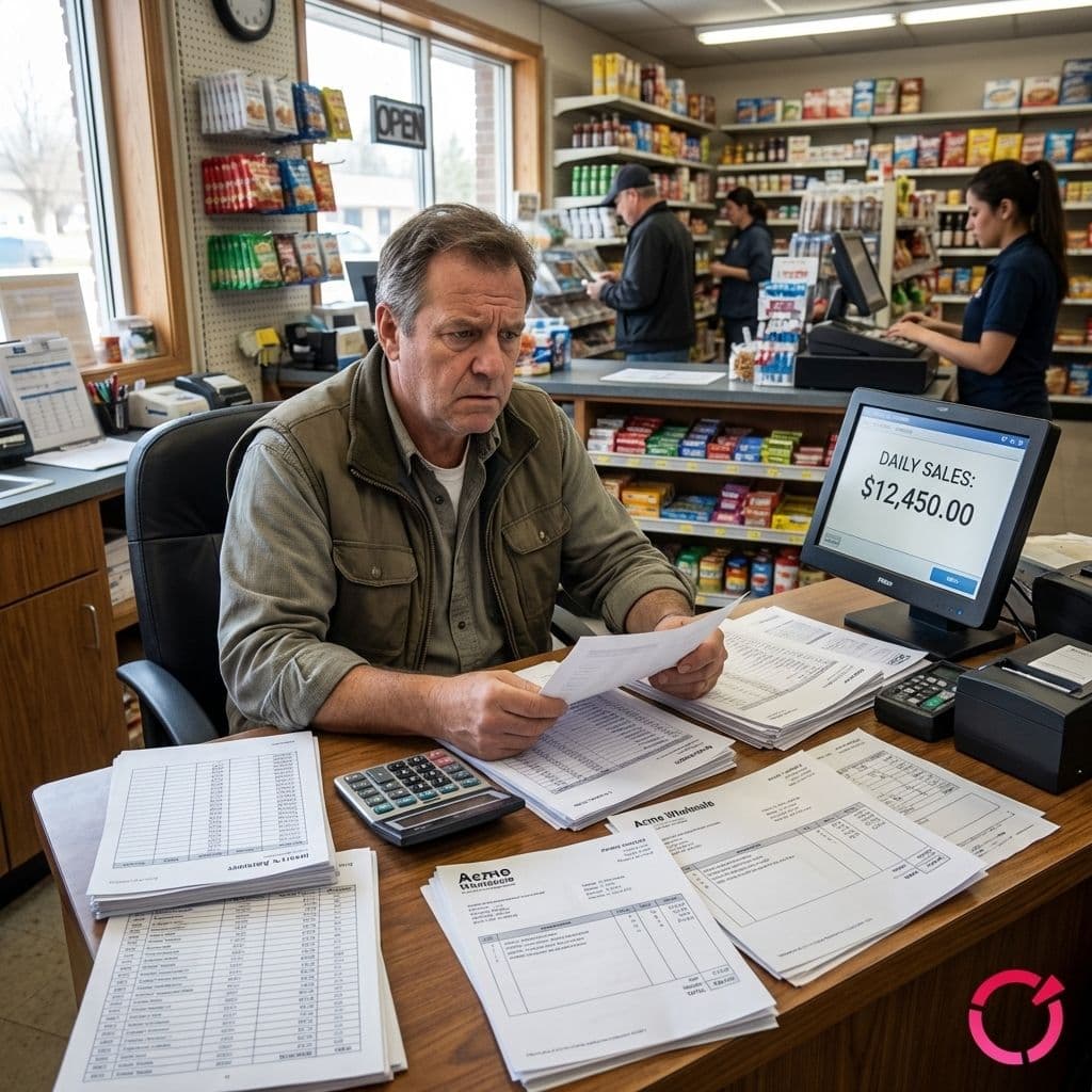 Convenience store owner reviewing sales reports and invoices while analyzing profit margin gaps despite strong revenue.
