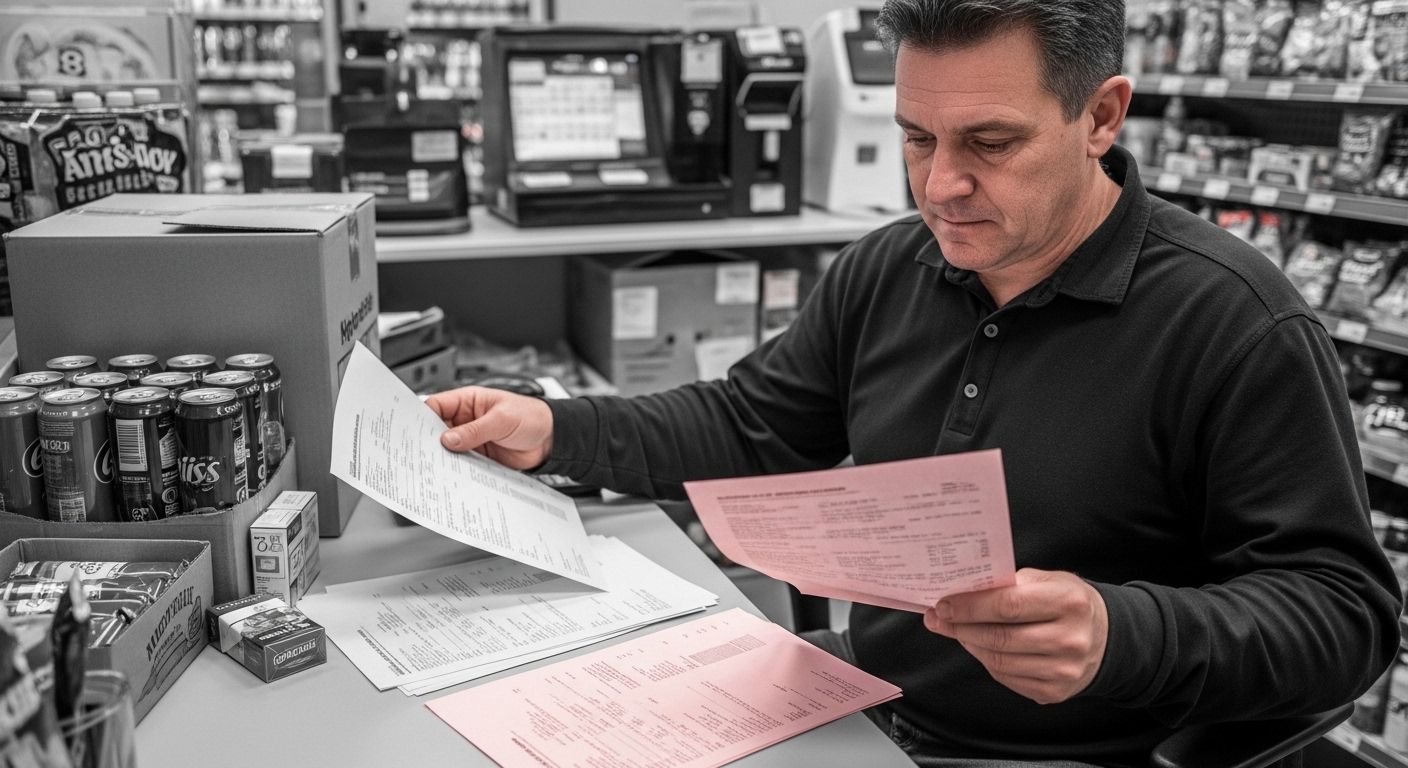 Convenience store owner reviewing supplier invoices in gas station back office