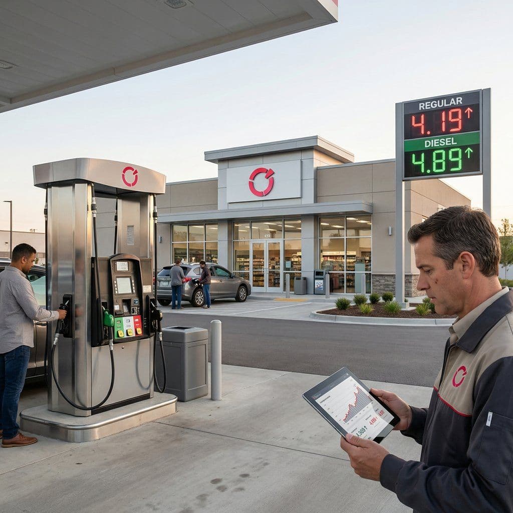 Gas station fuel price display with customers entering a convenience store as fuel margins face pressure from oil market volatility.