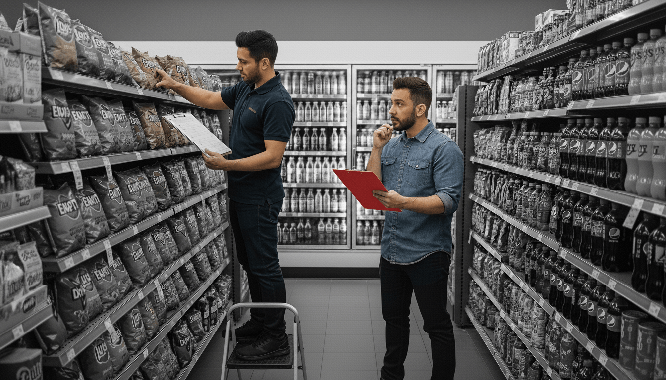 Convenience store owner reviewing inventory audit paperwork while store shelves show stock problems
