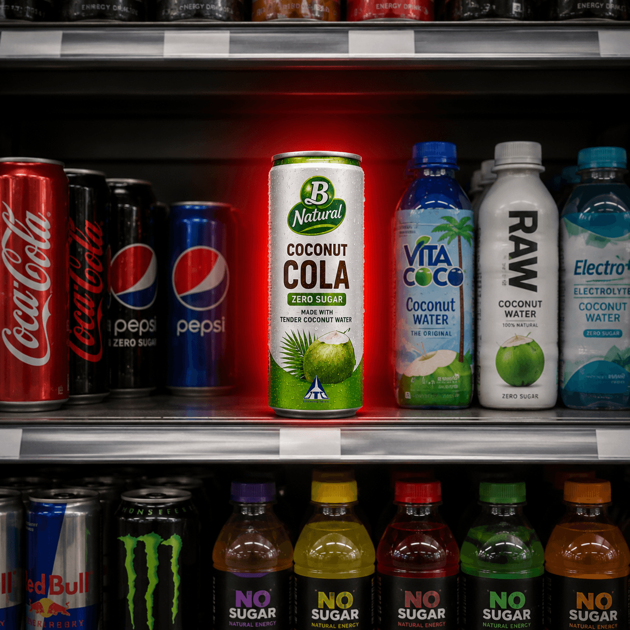 ITC B Natural Coconut Cola displayed on a convenience store beverage shelf between traditional soft drinks and coconut water, highlighting the emerging functional beverage category.