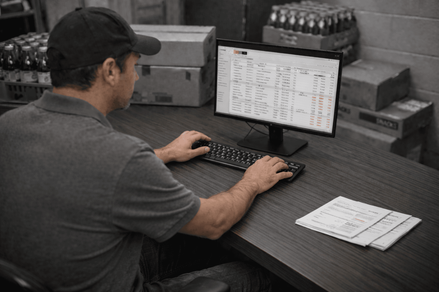 Convenience store owner reviewing organized supplier invoice records on computer system